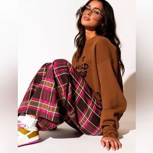 Dressed in LALA Plaid Wide-Leg Pants Pink and Brown
